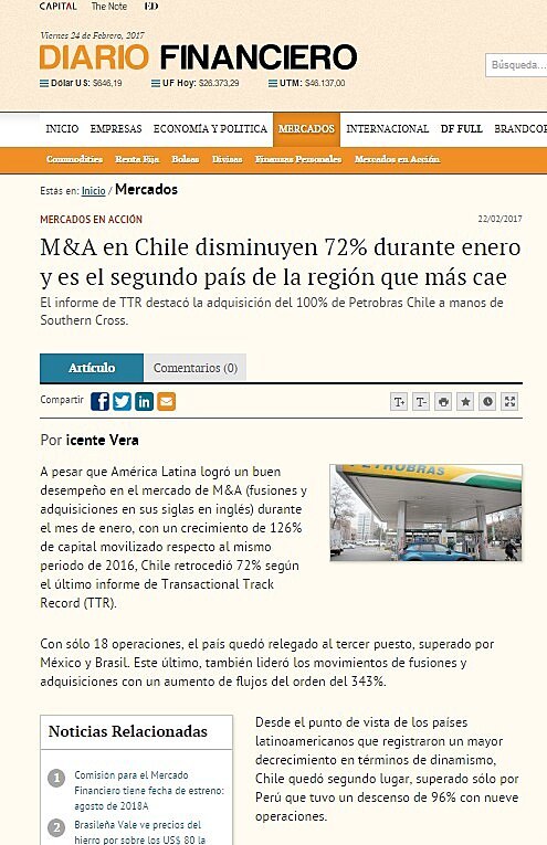 M&A en Chile disminuyen 72% durante enero y es el segundo pas de la regin que ms cae